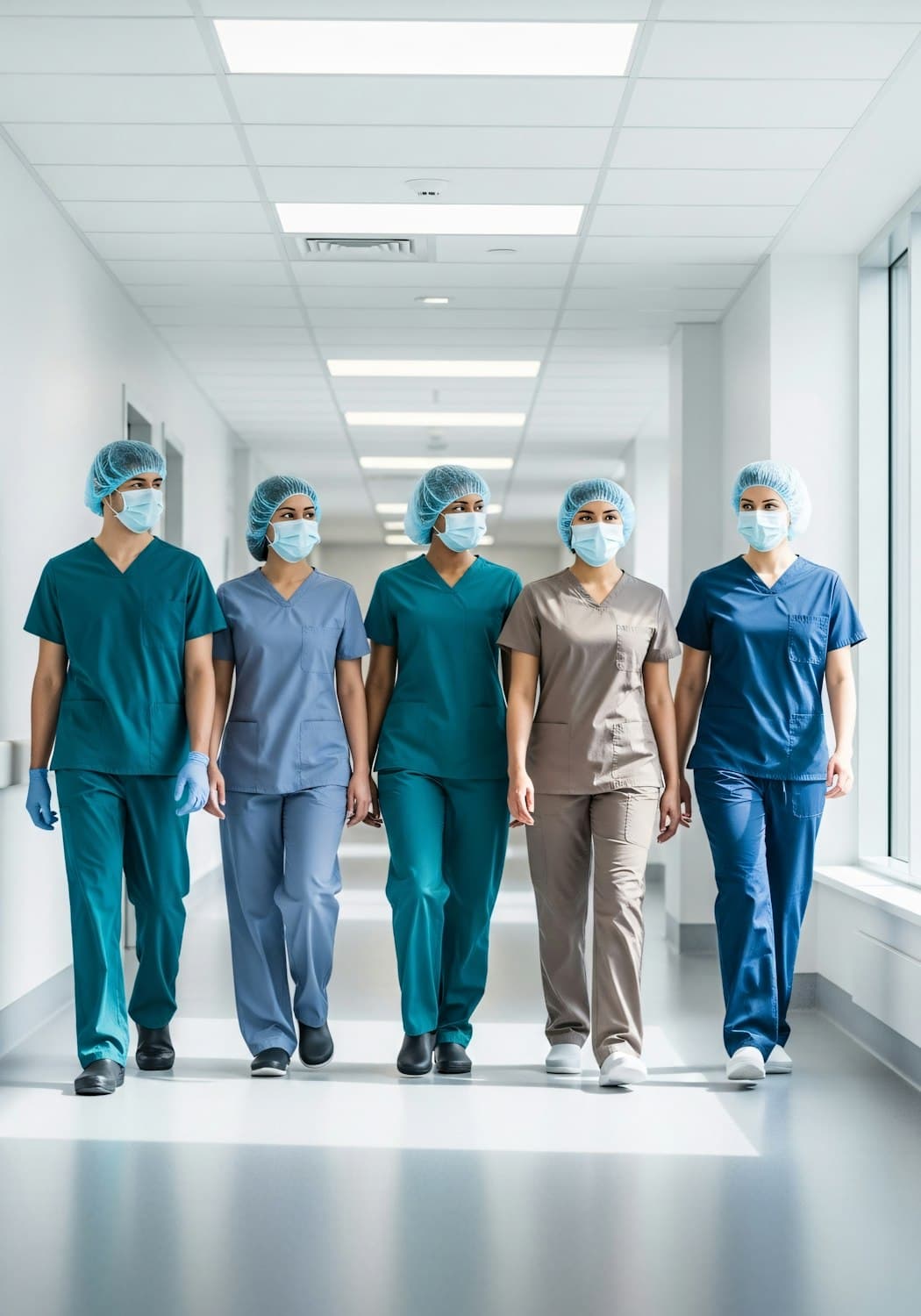 Ekip mjekësor me uniforma medicinale në korridorin e spitalit